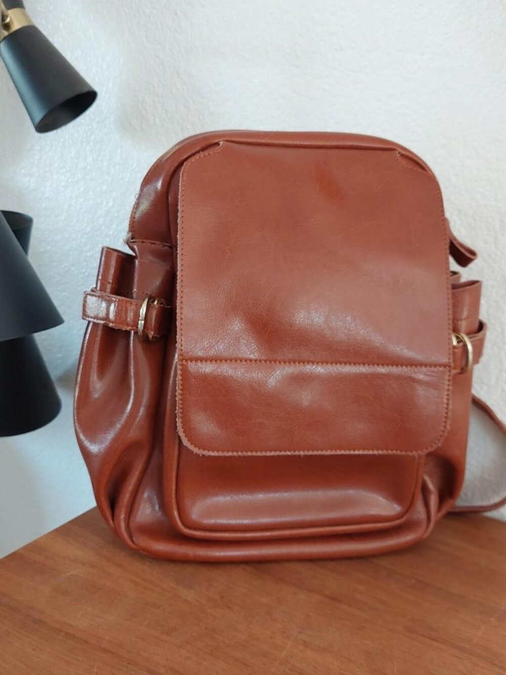 Women's Brown Faux Leather Backpack heshe with Front Flap Pocket & Buckle Detail